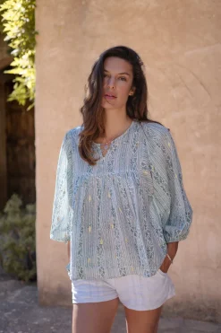 Bluse Corazon Print Steinblau