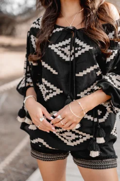 Bluse Ida Ethnic Schwarzer Druck