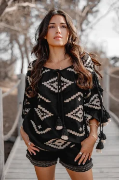 Bluse Ida Ethnic Schwarzer Druck