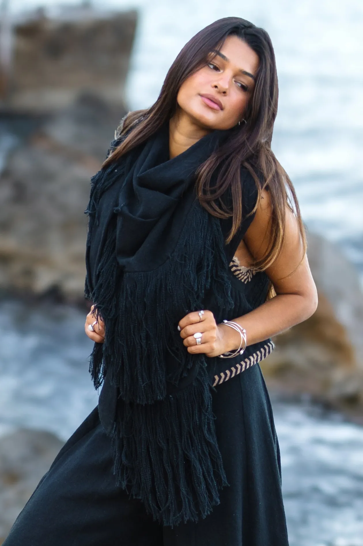 Fransenschal Flecos Schwarz