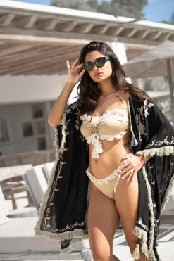 Kurzer Kimono Fransen Fresko Schwarz