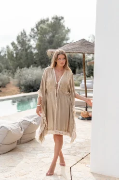 Kurzer Kimono Fransen Fresko Hell Taupe