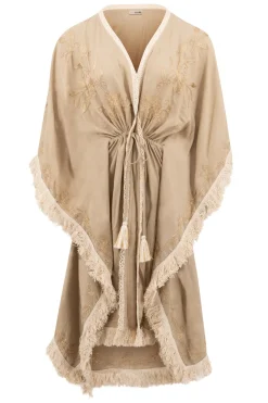 Kurzer Kimono Fransen Fresko Hell Taupe