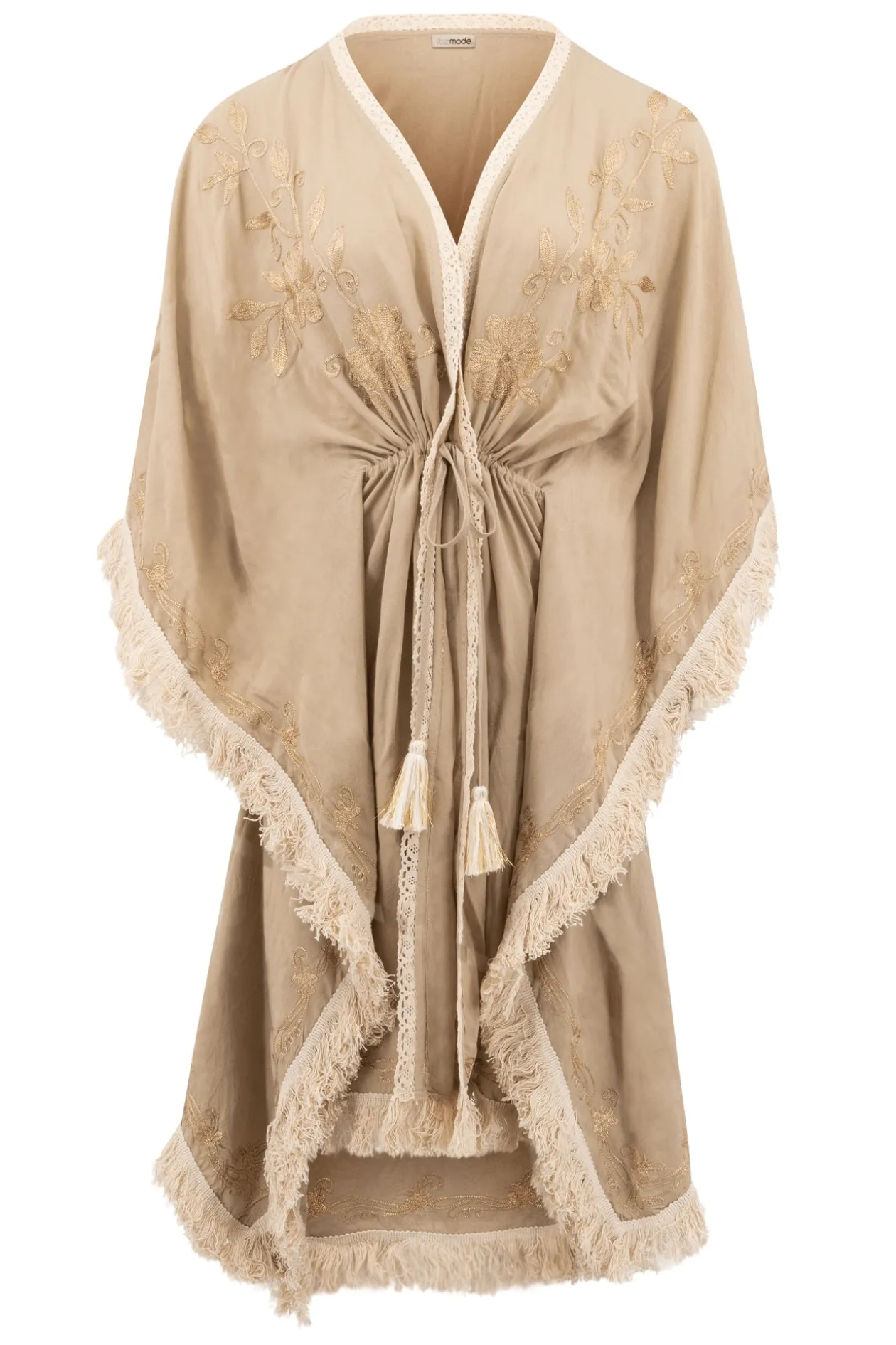 Kurzer Kimono Fransen Fresko Hell Taupe