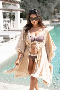 Kurzer Kimono Fransen Sand/ Ecru Gold
