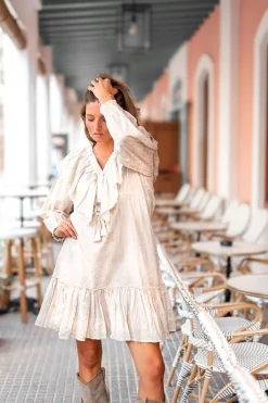 Kurzes Kleid Ruffle Sparkle Ecru Gold