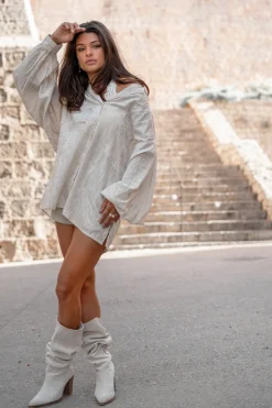 Lange Bluse Sparkle Ecru Gold