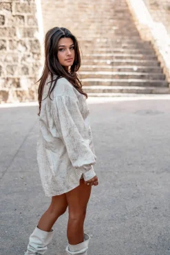 Lange Bluse Sparkle Ecru Gold