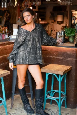 Lange Bluse Sparkle Schwarz Gold