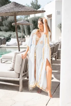 Langer Kimono Fransen Fresko Hellblau