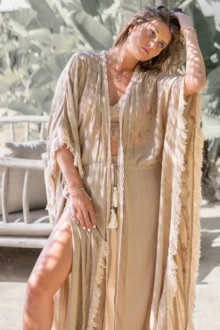 Langer Kimono Fransen Fresko Hell Taupe