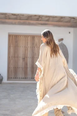 Langer Kimono Fransen Fresko Hell Taupe