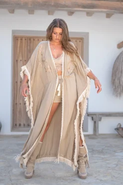 Langer Kimono Fransen Fresko Hell Taupe