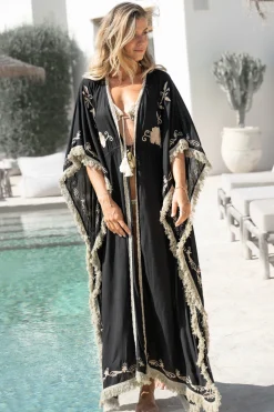 Langer Kimono Fransen Fresko Schwarz