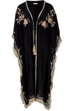 Langer Kimono Fransen Fresko Schwarz