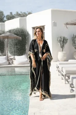 Langer Kimono Fransen Fresko Schwarz