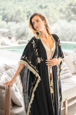 Langer Kimono Fransen Fresko Schwarz