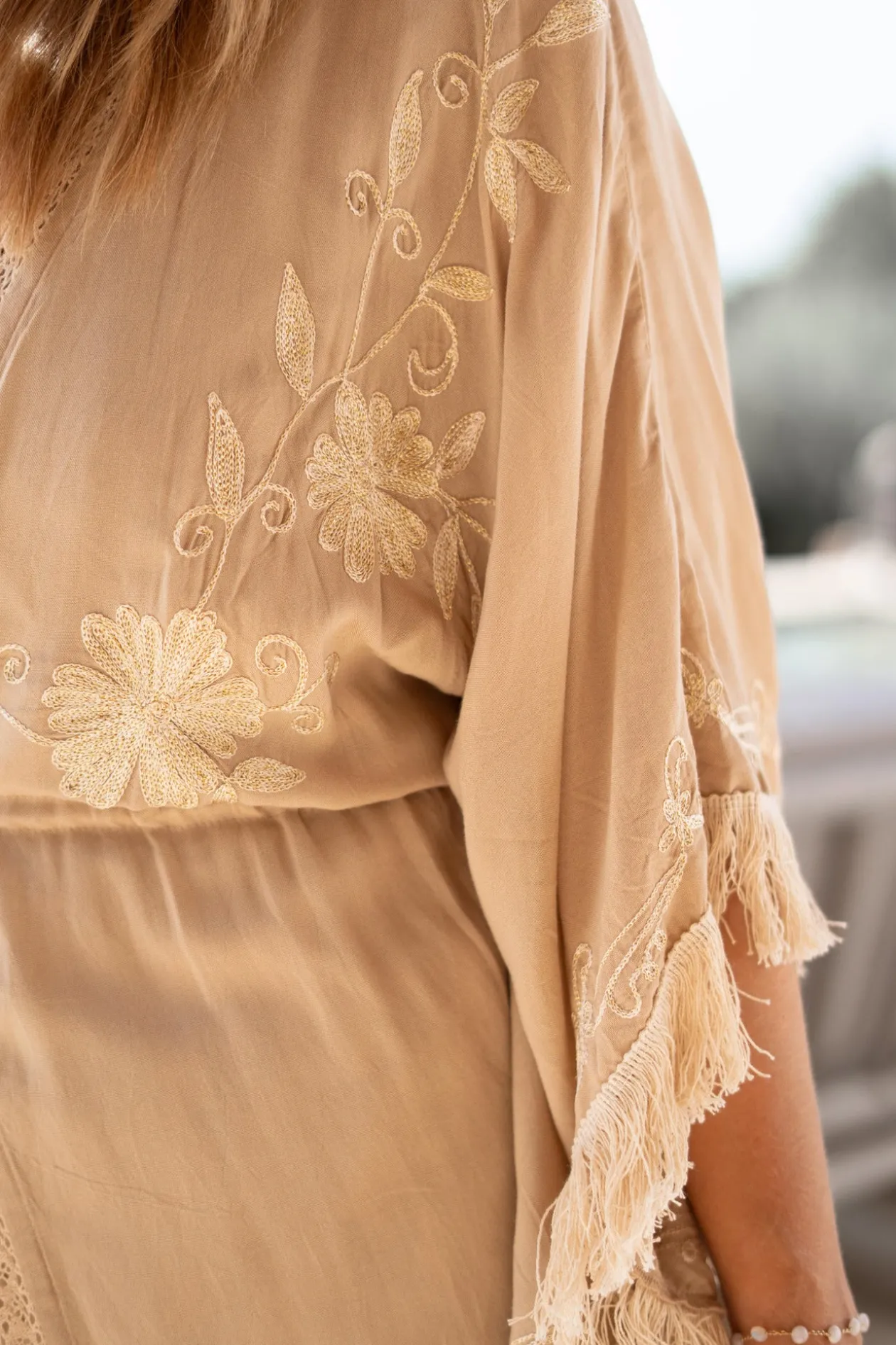 Langer Kimono Fransen Sand/ Ecru Gold