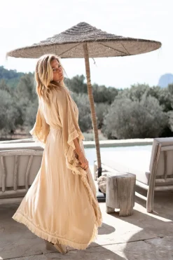 Langer Kimono Fransen Sand/ Ecru Gold