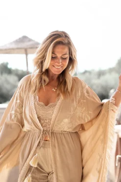 Langer Kimono Fransen Sand/ Ecru Gold