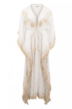 Langer Kimono Fransen Weiß/ Ecru Gold