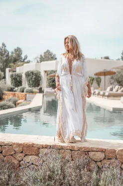 Langer Kimono Fransen Weiß/ Ecru Gold