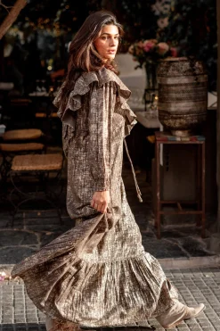 Langes Kleid Ruffle Sparkle Taupe Gold