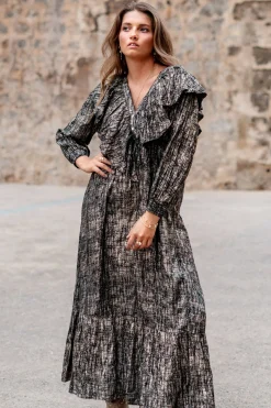 Langes Kleid Ruffle Sparkle Schwarz Gold