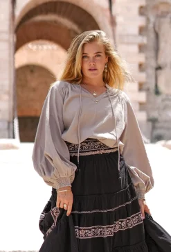 Puffärmelige Bluse Espanola Hell Taupe Einfarbig