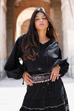 Puffärmelige Bluse Espanola Schwarz Einfarbig