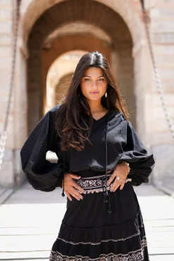 Puffärmelige Bluse Espanola Schwarz Einfarbig