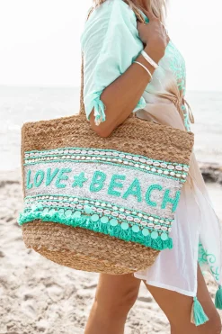 Strandtasche Love & Beach Silber/Aqua